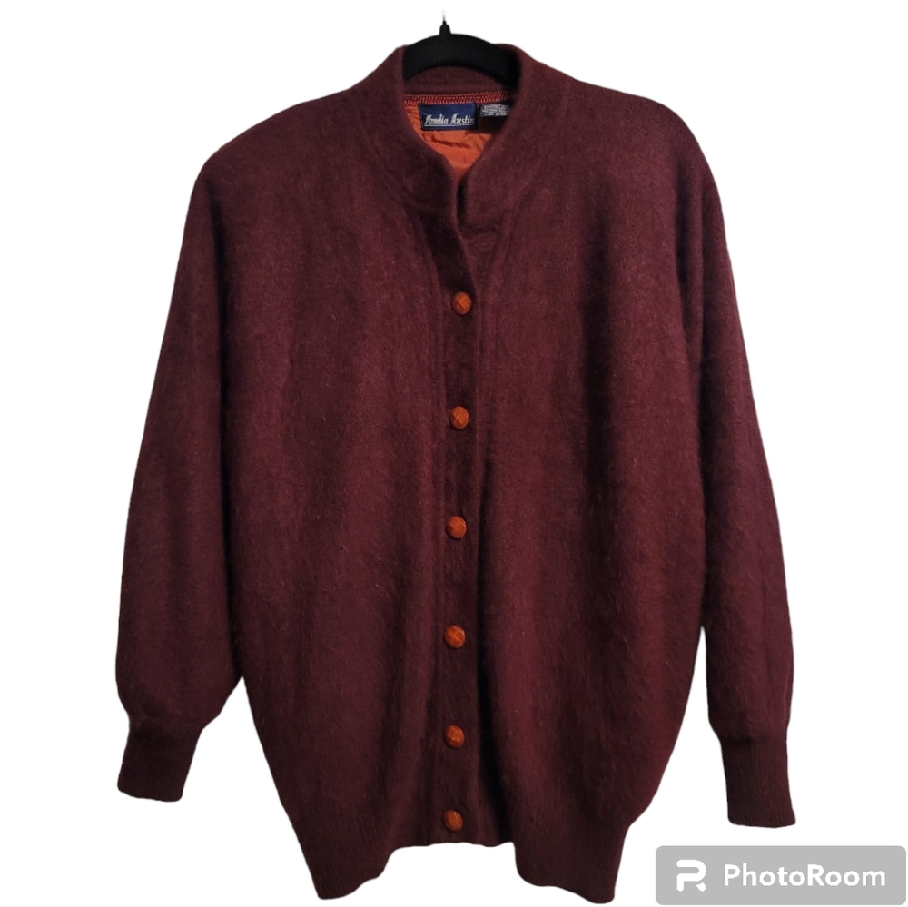 VTG Amelia Austin Sweater Women's Cardigan Burgundy Angora Rabbit Hair Blend